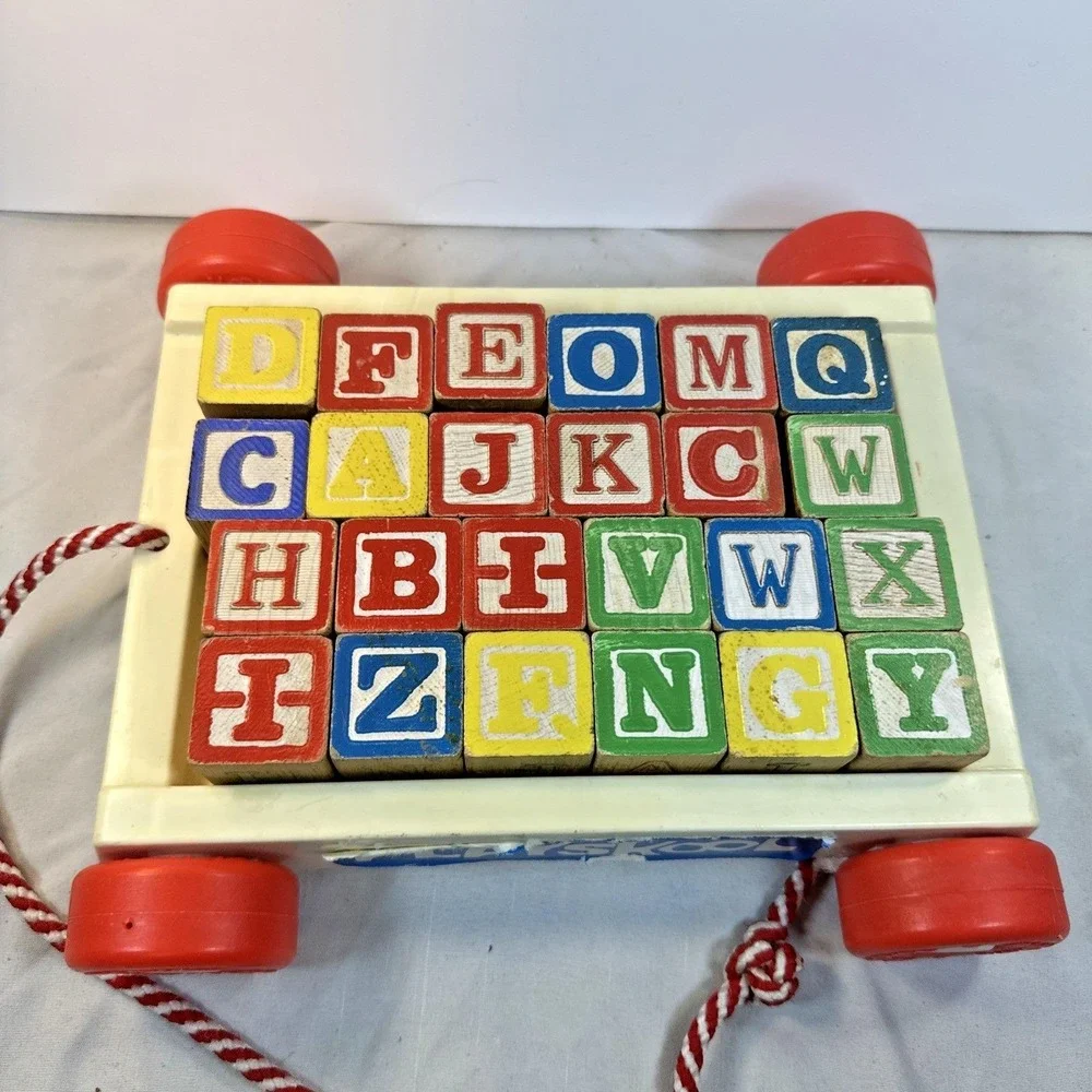 Vintage Playschool Wooden alphabet  Block Pull Wagon.  Great Collection Piece.